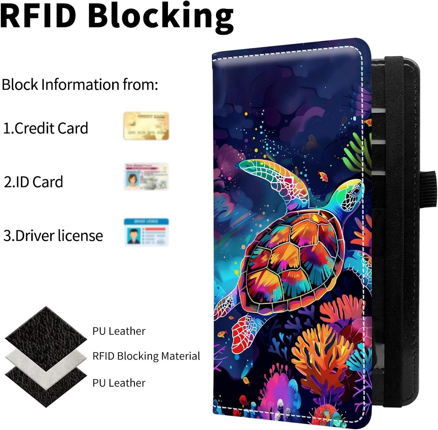 HOTLeather Checkbook Covers for Personal Checkbook Check book Holder Cover Wallets for Women Men,RFID-Blocking Slim Checkbook Cover for Duplicate Checks with Elastic Strap,Colorful Turtle