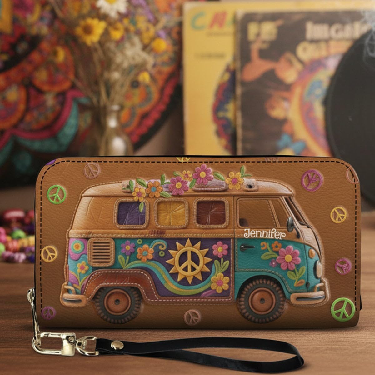 HOTFloral Hippie Van - Personalized Hippie Leather Long Wallet