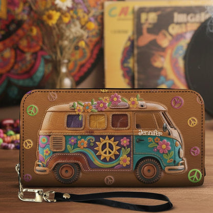 HOTFloral Hippie Van - Personalized Hippie Leather Long Wallet