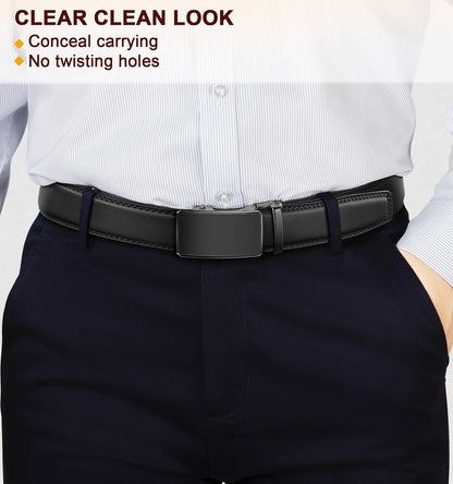 HOTKEMISANT Men's Ratchet Leather Belt 2Pack-Trimmable 1 3/8“-Gift Boxed | Smooth Sliding | Micro Adjustable Fit | Tailored Size | Holeless Understated Elegance