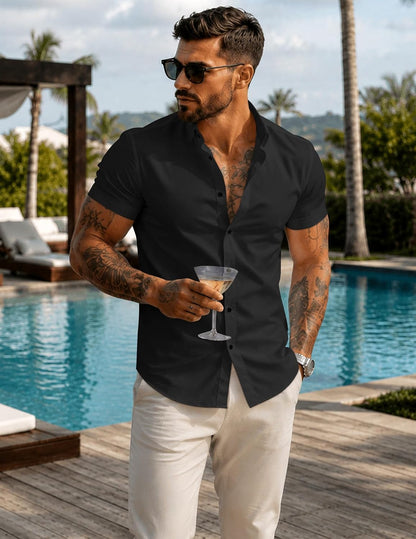 HOTJMIERR Men's Muscle Fit High Stretch Wrinkle-Free Button Down Dress Shirts Summer Casual Short Sleeve Shirt