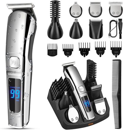 HOTUfree Beard Trimmer for Men, Waterproof Electric Razor, Grooming Kit | Stainless steel blades, six interchangeable heads, wet and dry use, USB rechargeable, for face body nose ear trimming, silver