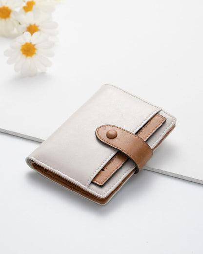 HOTAlldaily Small Slim RFID Blocking Leather Wallet for Women, Bifold with 10 Card Slots and Coin Pocket (White&Brown)