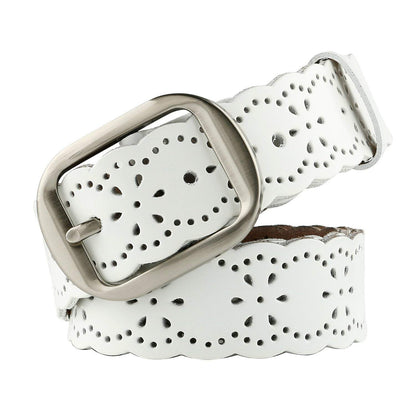 HOTJASGOOD Women's Hollow Flower Genuine Leather Belt for Jeans Pants Wide Belt for Ladies