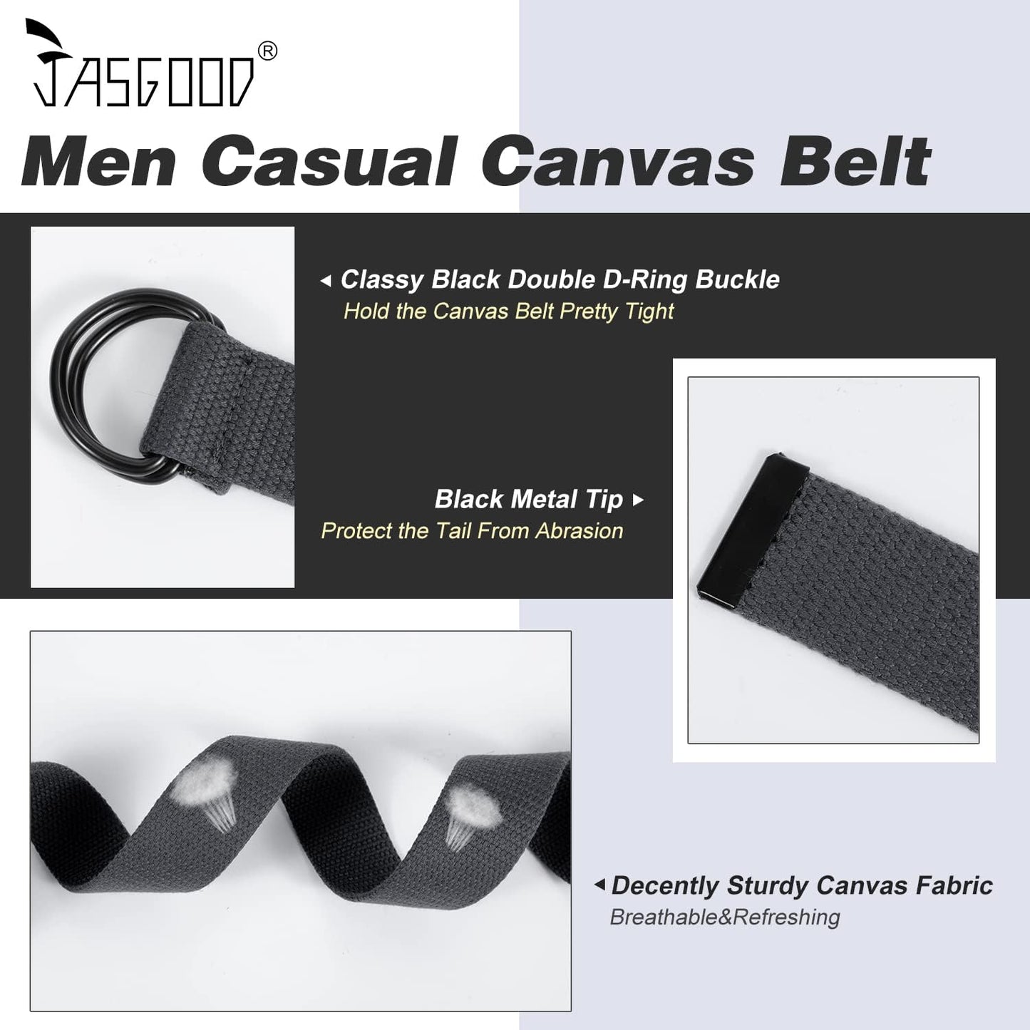 HOTJASGOOD Men Canvas Belt Web Fabric Casual Belt with Black Double D-ring 1 1/2" Wide Set of 2