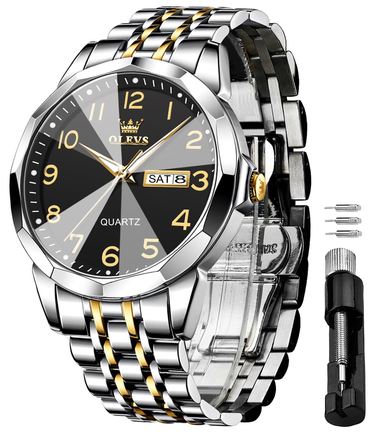 HOTOLEVS Watch for Men Luxury Dress Analog Quartz Stainless Steel Waterproof Luminous Date Diamond Business Two Tone Casual Wrist Watch