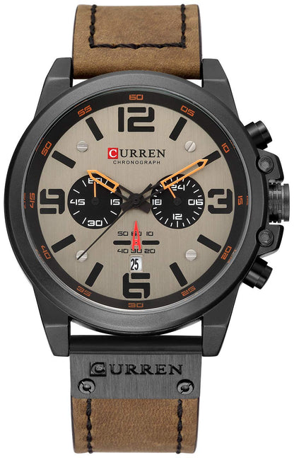 HOTFANMIS Mens Sport Military Analog Quartz Watch Classic Chronograph Sandwich Dial Business Dress Waterproof Watch Multifunctional Wristwatch with Leather Strap