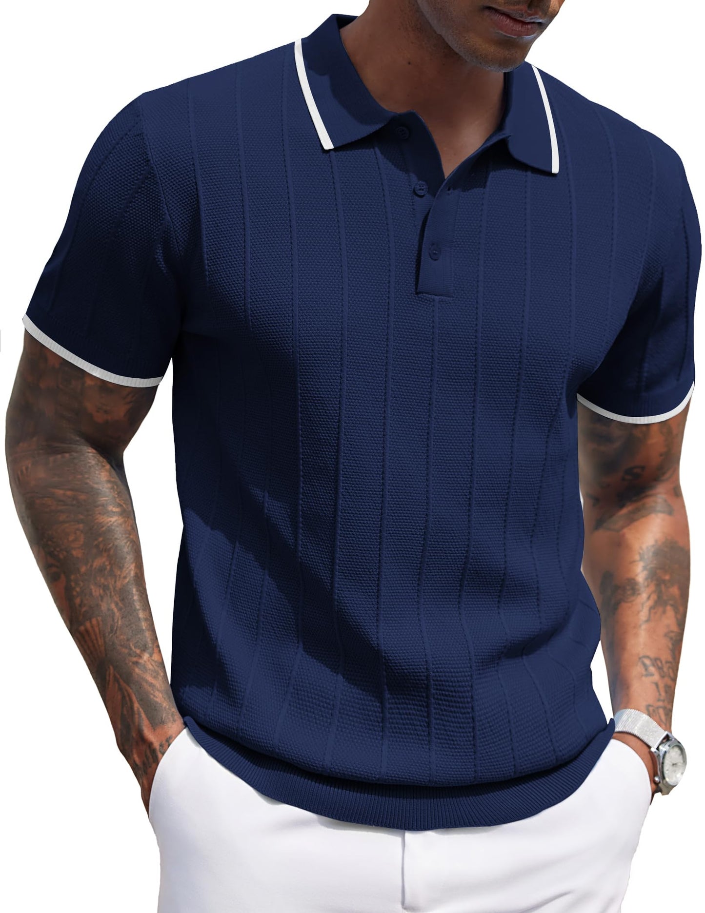 HOTCOOFANDY Mens Knit Polo Shirts Short Sleeve Ribbed Textured Polo Shirt Lightweight Casual Golf Shirts Collared T Shirt