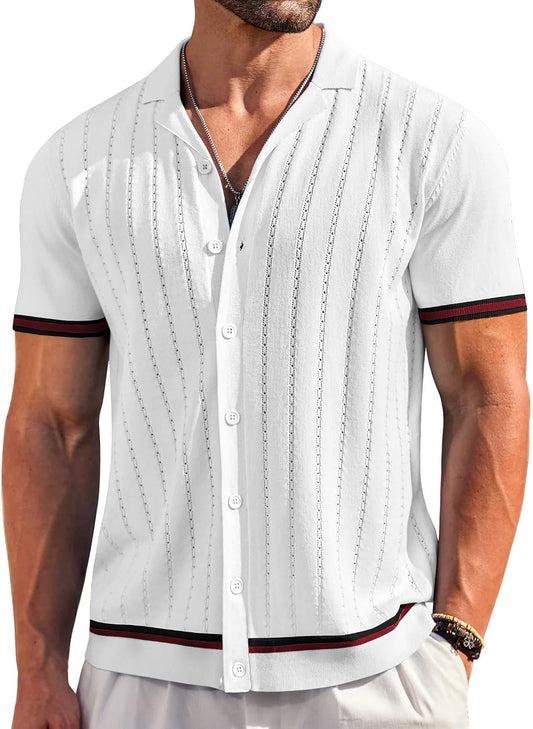 HOTCOOFANDY Men's Short Sleeve Knit Shirt Casual Button Down Shirt Vintage Striped Knitted Golf Beach Tops