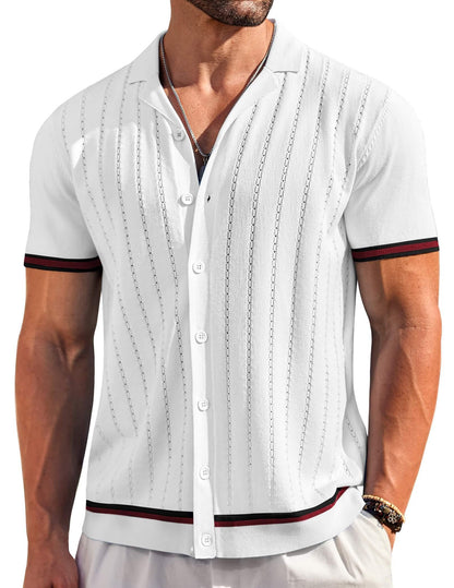 HOTCOOFANDY Men's Short Sleeve Knit Shirt Casual Button Down Shirt Vintage Striped Knitted Golf Beach Tops