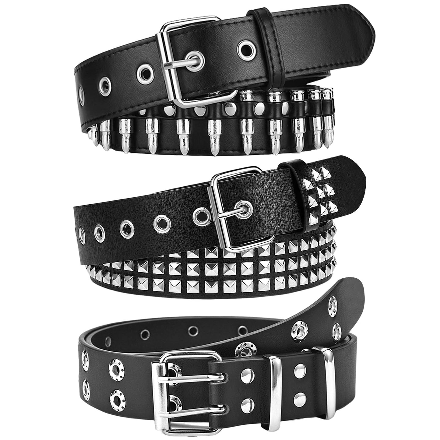 HOT3 Pcs Black Studded Belt Y2K Belt Star Gothic Punk Rock Belts with Grommet Threads Bright Metal Pyramid for Women Men