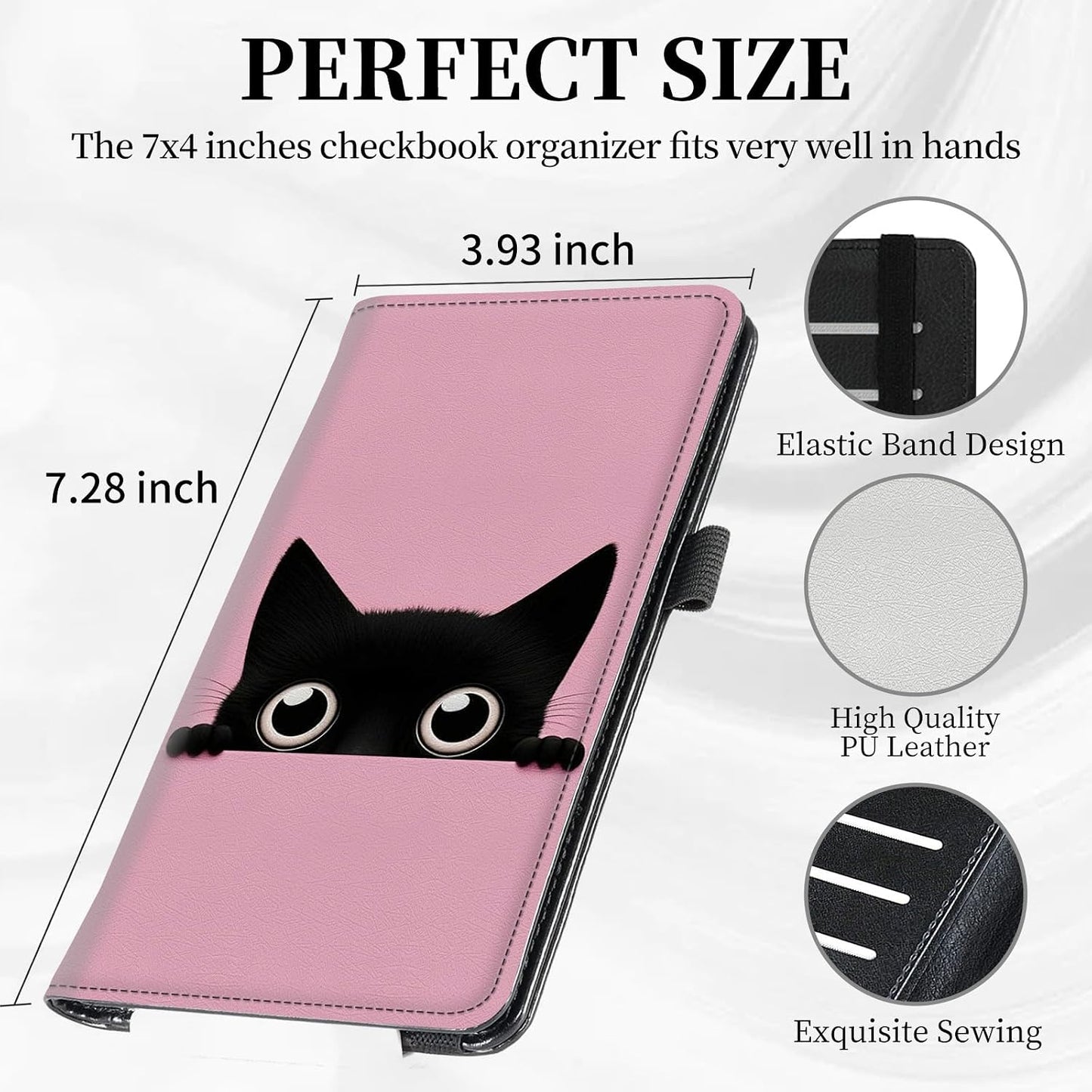 HOTCheck Book Cover for Personal Checkbook Cute Cat Pattern Design PU Leather Checkbook Cover for Men Women with Card Slots & Pen Holder and Elastic Strap for Duplicate Checks