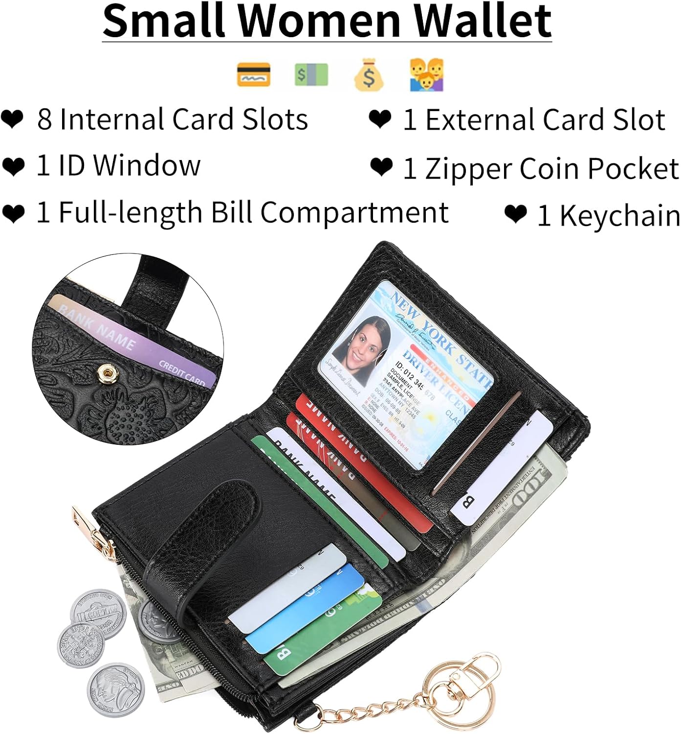 HOTGOIACII Small Wallet for Women RFID Blocking Bifold Leather Wallets Ladies Card Holder with Zipper Coin Pocket Black