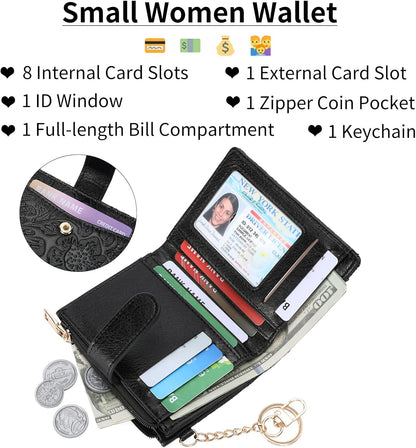 HOTGOIACII Small Wallet for Women RFID Blocking Bifold Leather Wallets Ladies Card Holder with Zipper Coin Pocket Black
