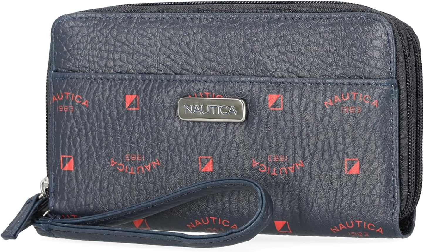 HOTNautica On The Double Zip Around Vegan Leather Womens RFID Clutch Wallet With Wristlet Strap, Fuego Red