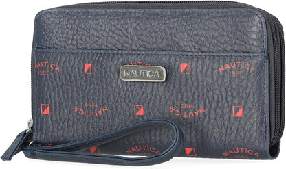 HOTNautica On The Double Zip Around Vegan Leather Womens RFID Clutch Wallet With Wristlet Strap, Fuego Red