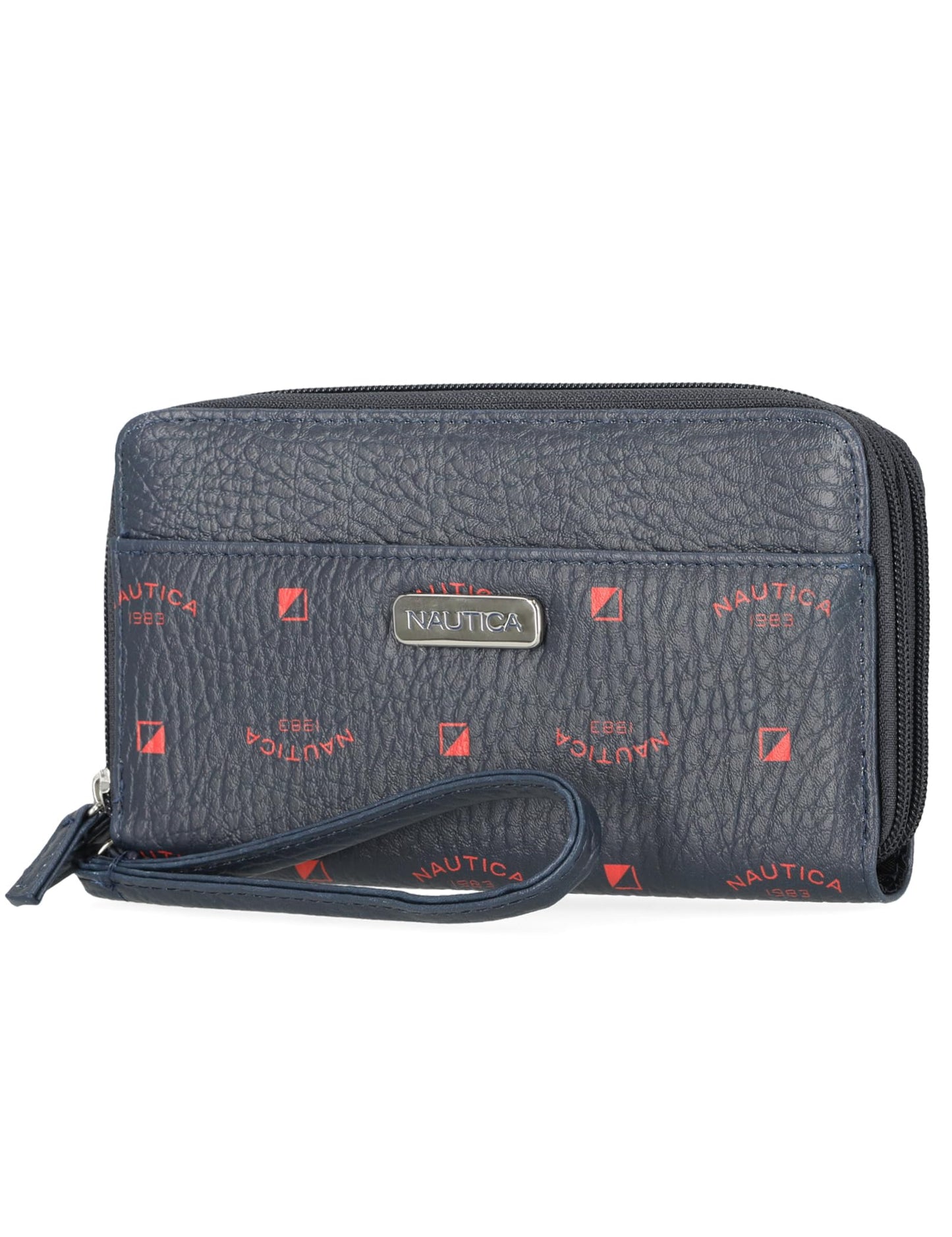 HOTNautica On The Double Zip Around Vegan Leather Womens RFID Clutch Wallet With Wristlet Strap, Fuego Red
