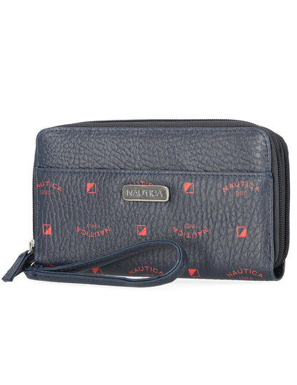 HOTNautica On The Double Zip Around Vegan Leather Womens RFID Clutch Wallet With Wristlet Strap, Fuego Red