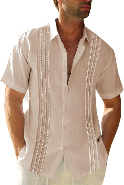 HOTRuncati Mens Short Sleeve Guayabera Shirts Linen Button Down Cuban Shirt | Cotton blend, Mexican style, Button up, Embroidered, Loose fit, Barong tagalog, Bowling shirts, for Summer Beach, Wedding