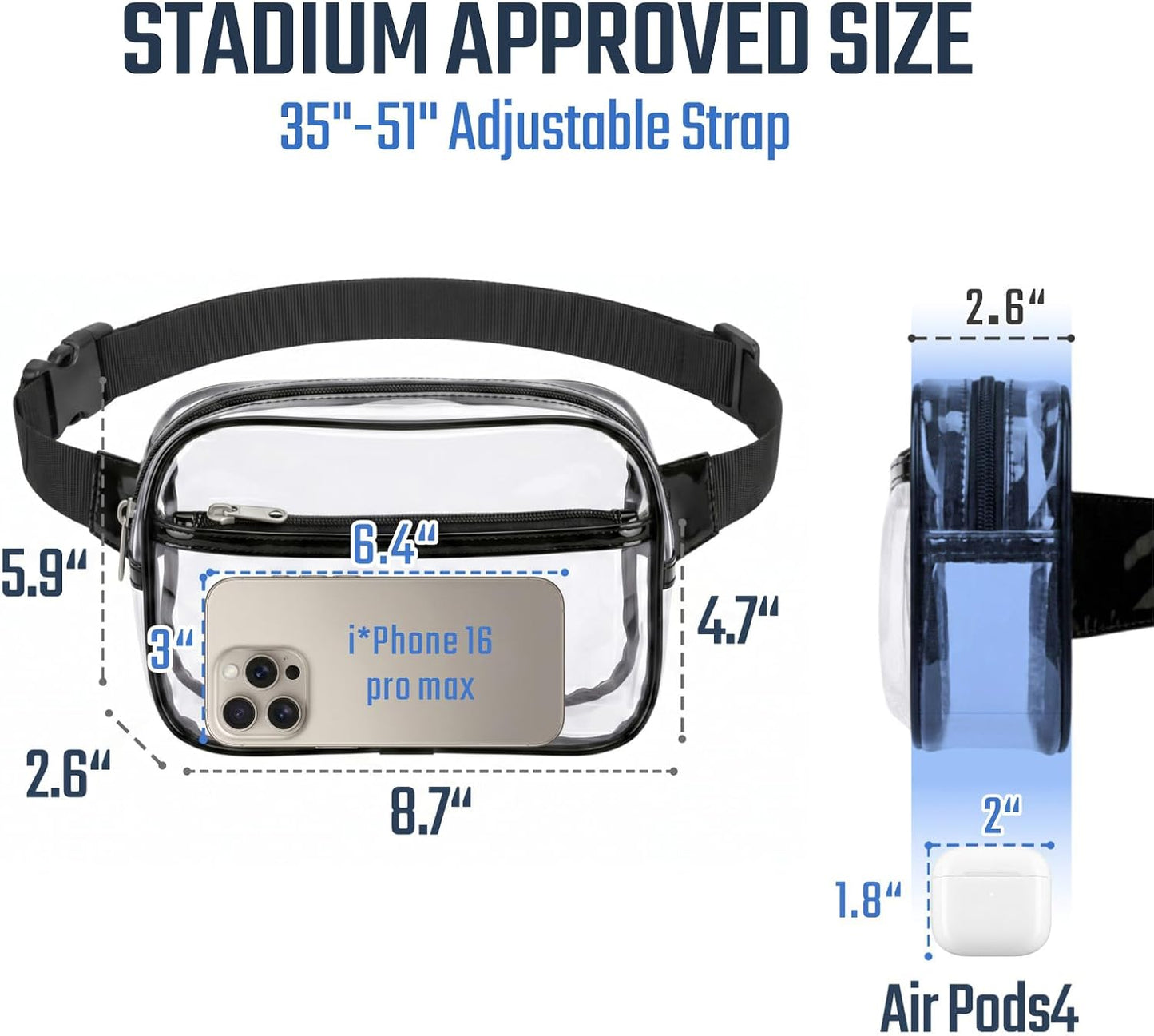 HOTPackism Clear Fanny Pack Stadium Approved - Large Size 35-51 inches Adjustable Strap Clear Belt Bag for Women Men Transparent Waist Bag for Concerts, Sporting Events, Black | Adjustable 35-51 in Strap, Hands-Free, 2 Easy-Access Pockets, Water-Resistant