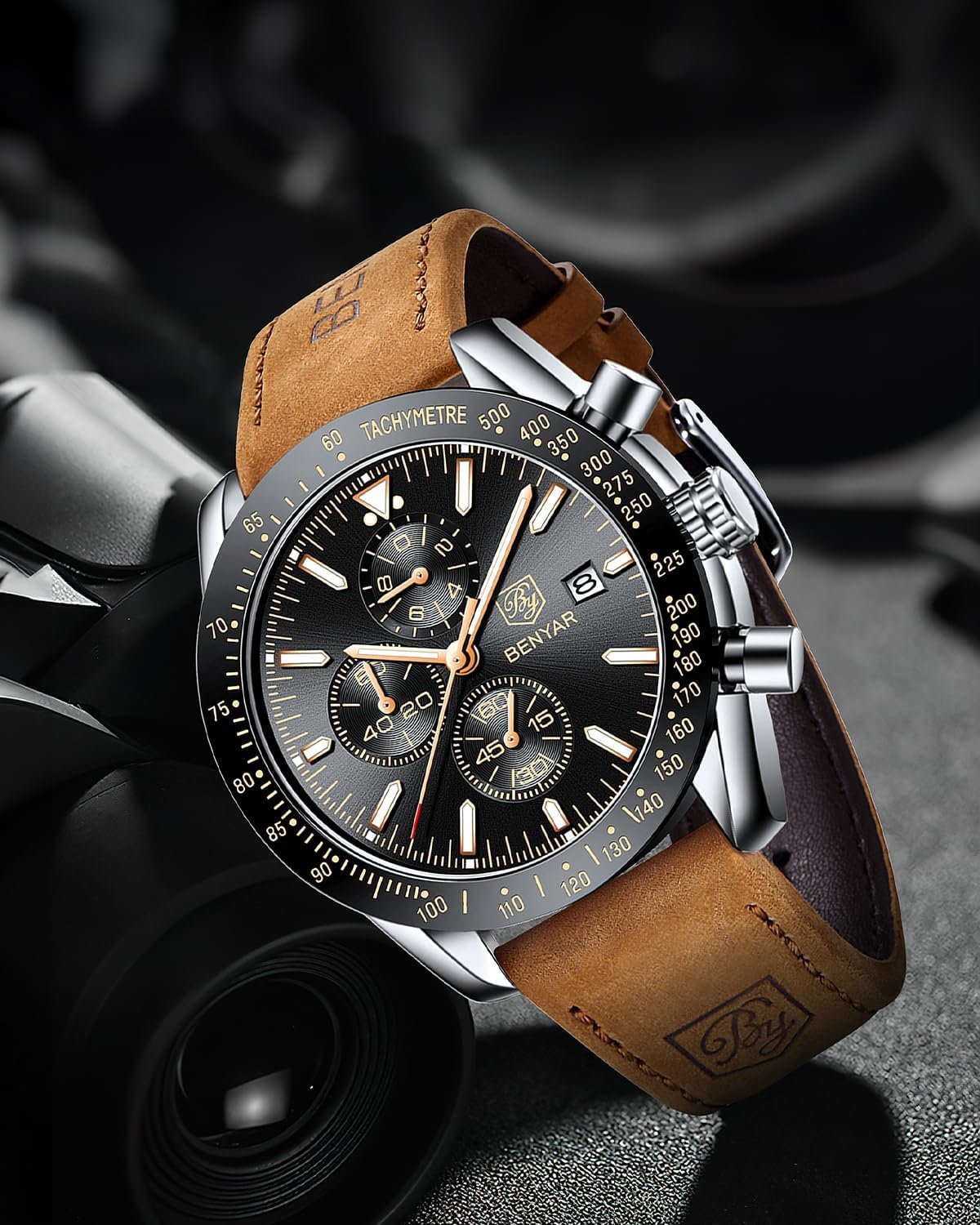 HOTBENYAR Watch for Men Analog Quartz Chronograph Waterproof Luminous Designer Mens Wrist Watches Business Work Sport Casual Dress Watch with Silicone Strap Elegant Gifts for Men