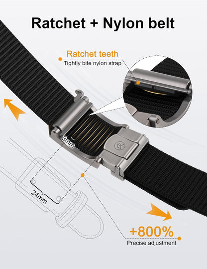 HOTJUKMO Men's Ratchet Belt, Nylon Web with Automatic Slide Buckle in Gift Box | Zinc Alloy Buckle with Micro-Adjust & Trimmable Webbing