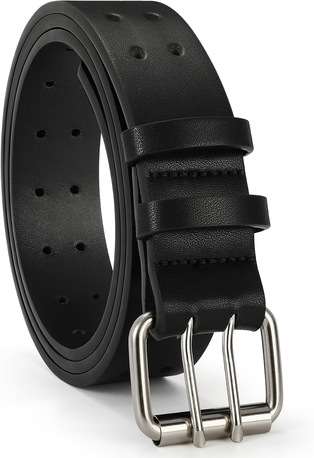HOTVONMELLI Mens Leather Double Prong Belt Work Casual Belts for Men Black Belt with Heavy Duty Dual Holes for Jeans
