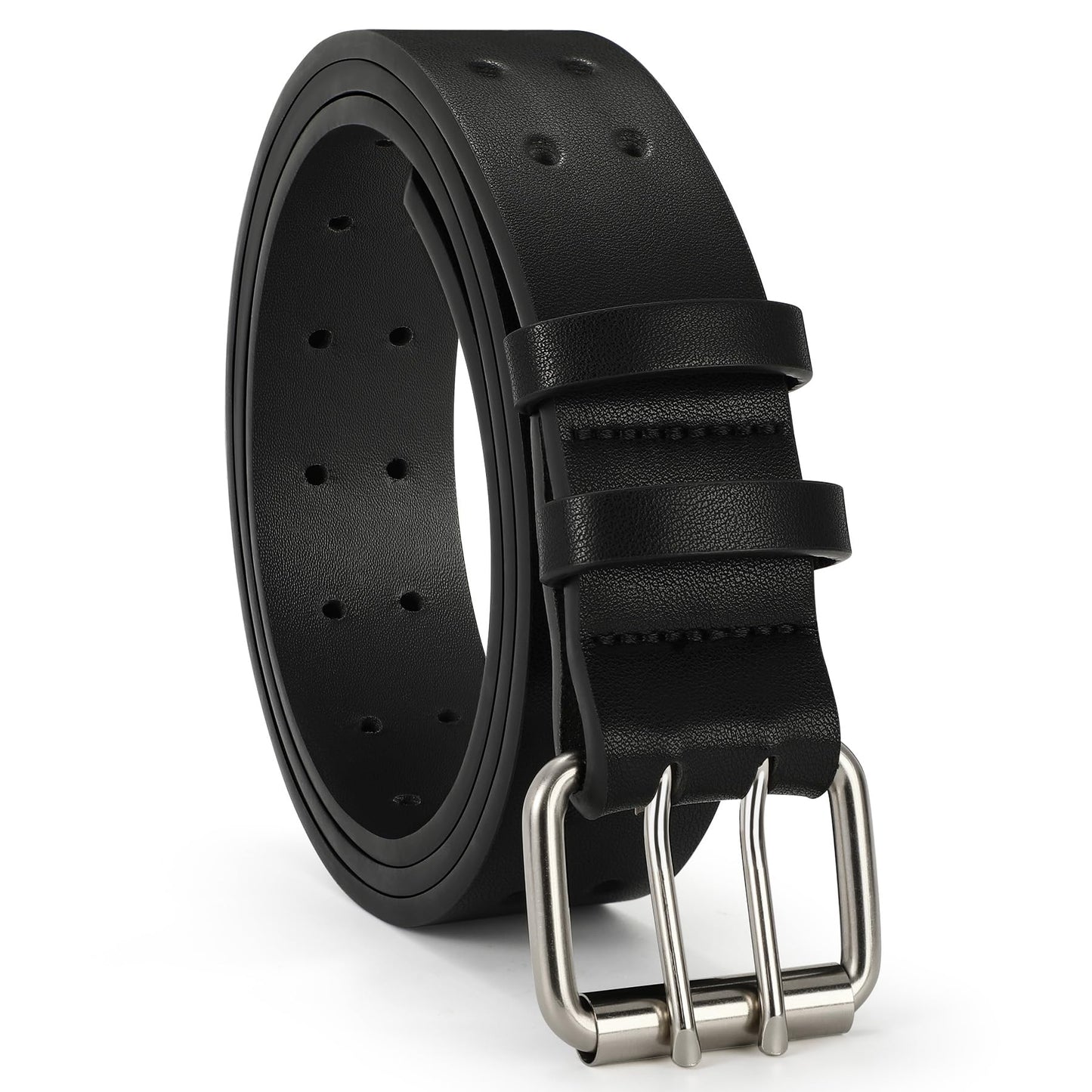 HOTVONMELLI Mens Leather Double Prong Belt Work Casual Belts for Men Black Belt with Heavy Duty Dual Holes for Jeans