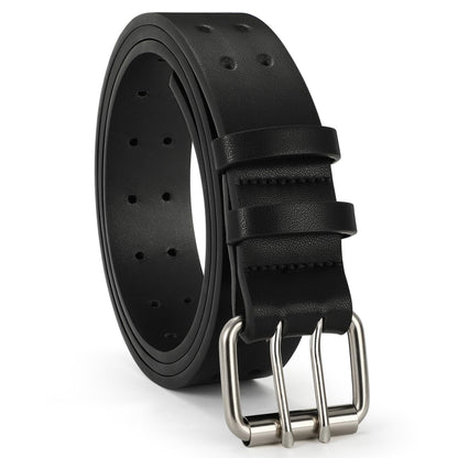 HOTVONMELLI Mens Leather Double Prong Belt Work Casual Belts for Men Black Belt with Heavy Duty Dual Holes for Jeans