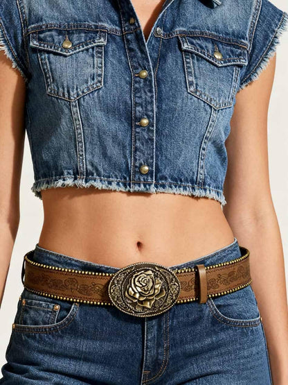 HOTWomen Western Belt with Heart Embossed Buckle Vintage Brown Belt for Jeans Pant Dress Cowgirl Cowboy Belts