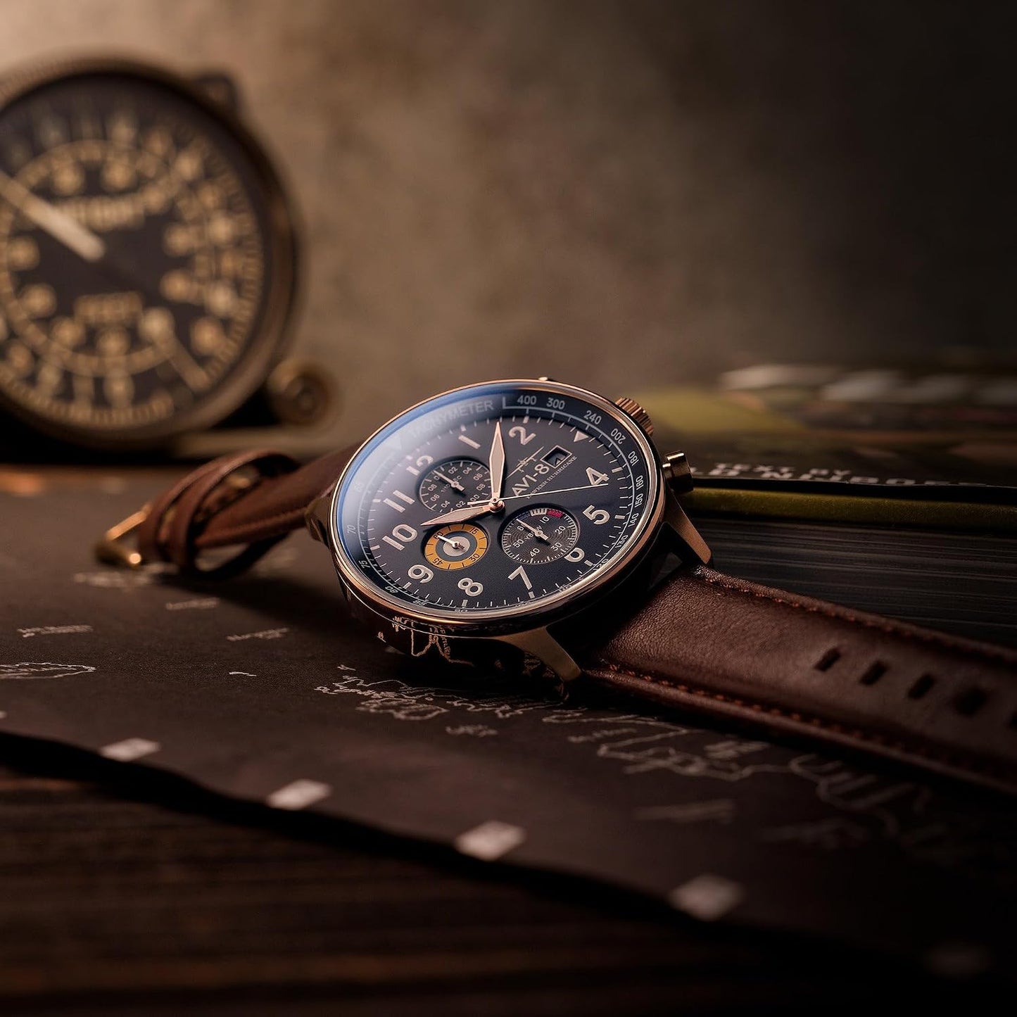 HOTAVI-8 Hawker Hurricane Men's Pilot Watch – Classic Chronograph, Japanese Quartz Movement, Stainless Steel Case, Leather Strap, AV-4011
