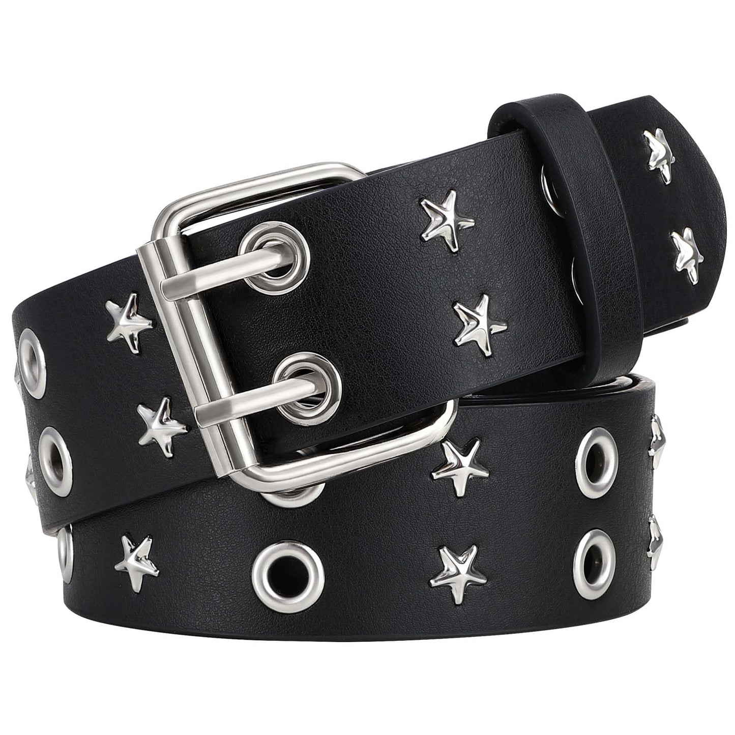 HOTXZQTIVE Double Grommet PU Leather Belt for Women Men Punk metal Jean Belt Wide 1.5 Inch
