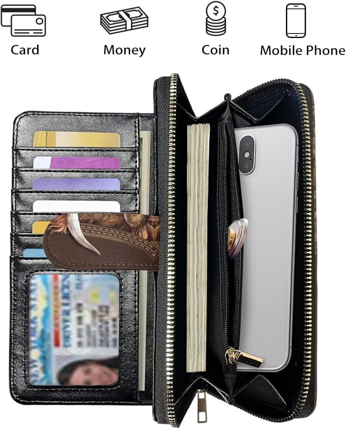 HOTCOEQINE Ladies Wallets Pink Leopard Heart Black Printed Leather Phone Long Clutch Purses Check Coin Change Holder