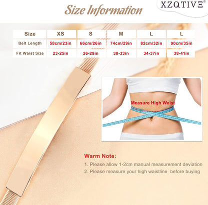 HOTXZQTIVE 2 Pieces Women Skinny Metal Chain Waist Belt Stretchy Saree Cinch Belt for Dress Gold Sliver