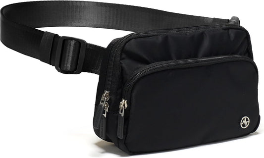 HOTPander Nylon Crossbody Belt Bag with Excess Strap Keepers, 6-Pocket Adjustable Sling Fanny Pack for Travel and Everyday Carry, Black