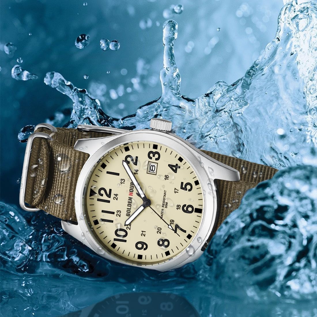 HOTGOLDEN HOUR Men's Nylon Slip-Thru Strap Watch with Military Time Easy Read Dial Glowing Hands