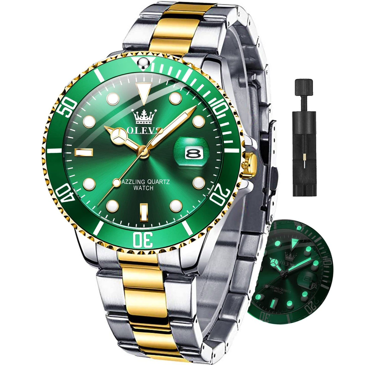 HOTOLEVS Watches for Men with Date Luxury Big Face Waterproof Mens Wristwatch Analog Dress Two Tone Stainless Steel Man Watch Luminous Relojes De Hombre Calendar(Green/Blue/Black Dial