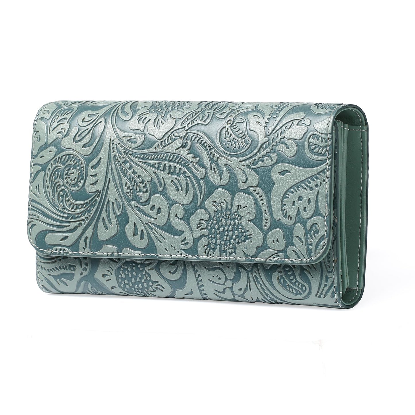 HOTGOIACII Leather Wallets for Women RFID Blocking Western Clutch Brown | Embossed Design, Trifold, Large Billfolds, Vintage Flower, Ladies Purses with Zipper Coin Pocket