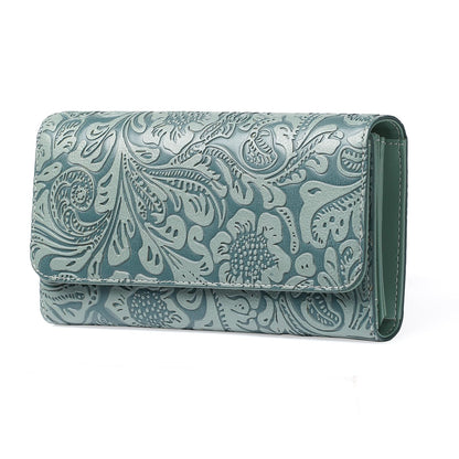 HOTGOIACII Leather Wallets for Women RFID Blocking Western Clutch Brown | Embossed Design, Trifold, Large Billfolds, Vintage Flower, Ladies Purses with Zipper Coin Pocket