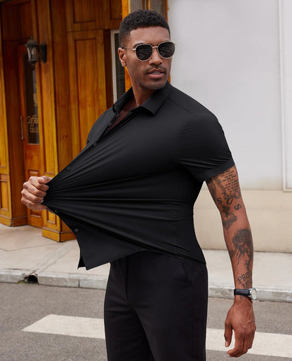 HOTLion Nardo Stretch Dress Shirts for Men Short Sleeve Slim Fit Casual Button Down Shirts Muscle Fit Men's Dress Shirts