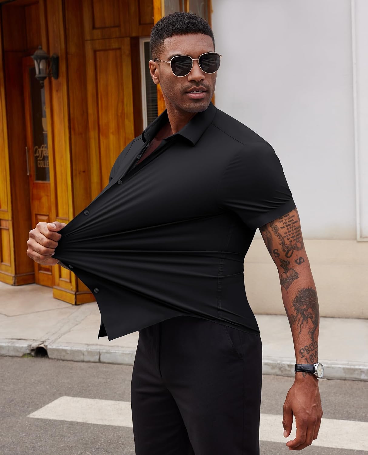 HOTLion Nardo Stretch Dress Shirts for Men Short Sleeve Slim Fit Casual Button Down Shirts Muscle Fit Men's Dress Shirts
