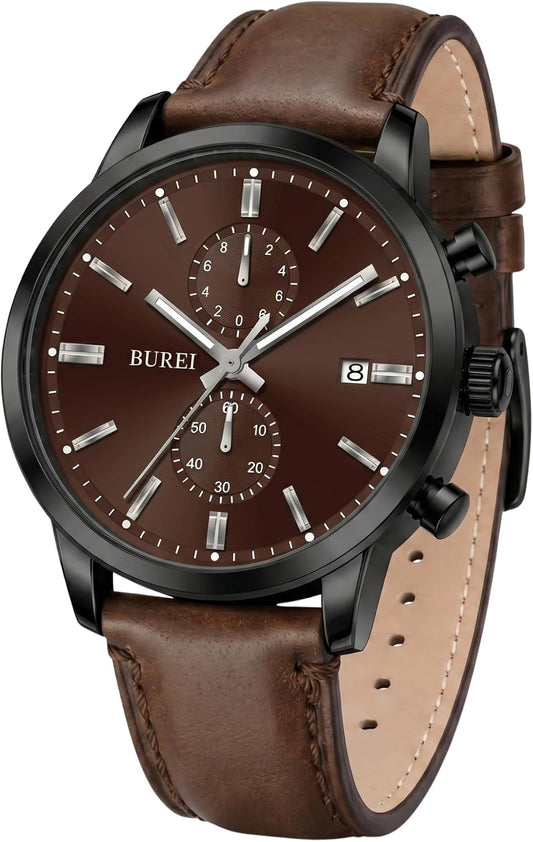 HOTBUREI Men's Leather Watches Chronograph Quartz Watches for Men Classic Cool Lightweight Wristwatch,Gift for Dad Husband Boyfriend