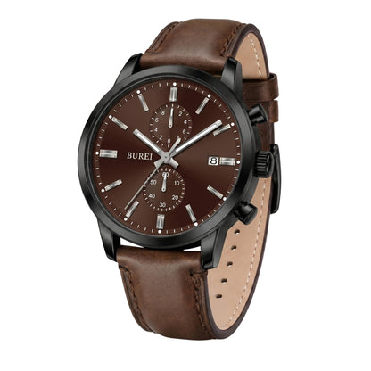 HOTBUREI Men's Leather Watches Chronograph Quartz Watches for Men Classic Cool Lightweight Wristwatch,Gift for Dad Husband Boyfriend