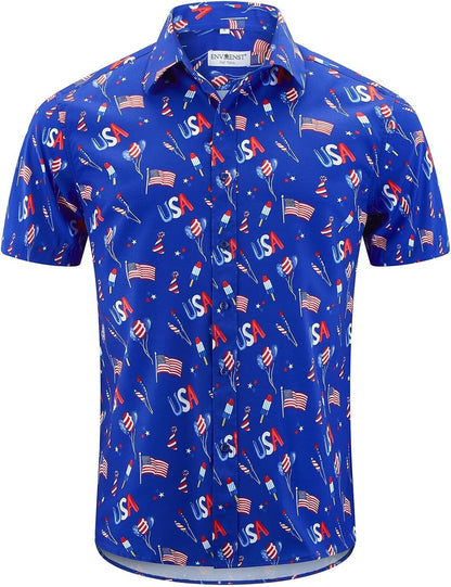 HOTENVMENST Men's American Flag Button Down Shirts Casual Short Sleeve Patriotic Hawaiian Shirt