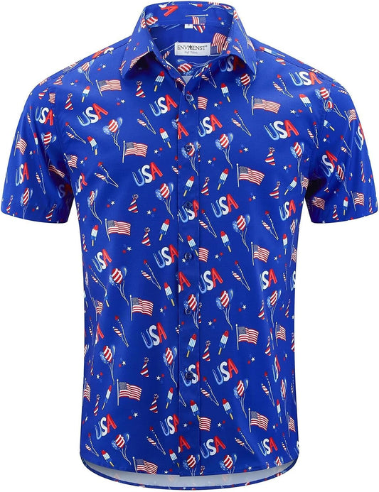 HOTENVMENST Men's American Flag Button Down Shirts Casual Short Sleeve Patriotic Hawaiian Shirt