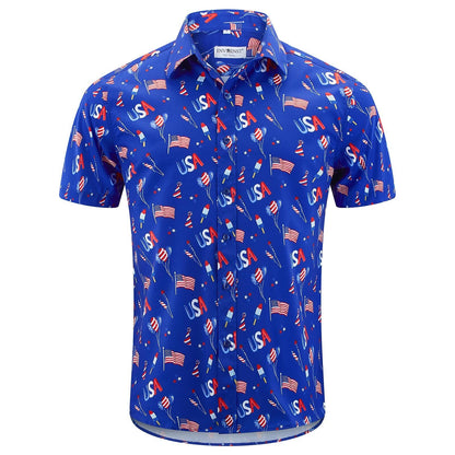 HOTENVMENST Men's American Flag Button Down Shirts Casual Short Sleeve Patriotic Hawaiian Shirt