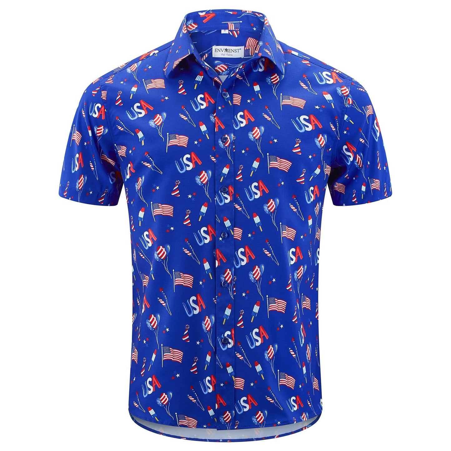 HOTENVMENST Men's American Flag Button Down Shirts Casual Short Sleeve Patriotic Hawaiian Shirt