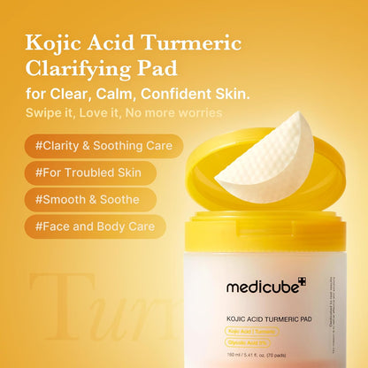 HOTmedicube Toner Pads Kojic Acid Turmeric Clarifying Toner Pad for Troubled Skin & Use After Spot Care, Soothing with Kojic Acid, Turmeric, Niacinamide, Glycolic Acid, Korean Skin Care, 70 Pads (1 Pack)