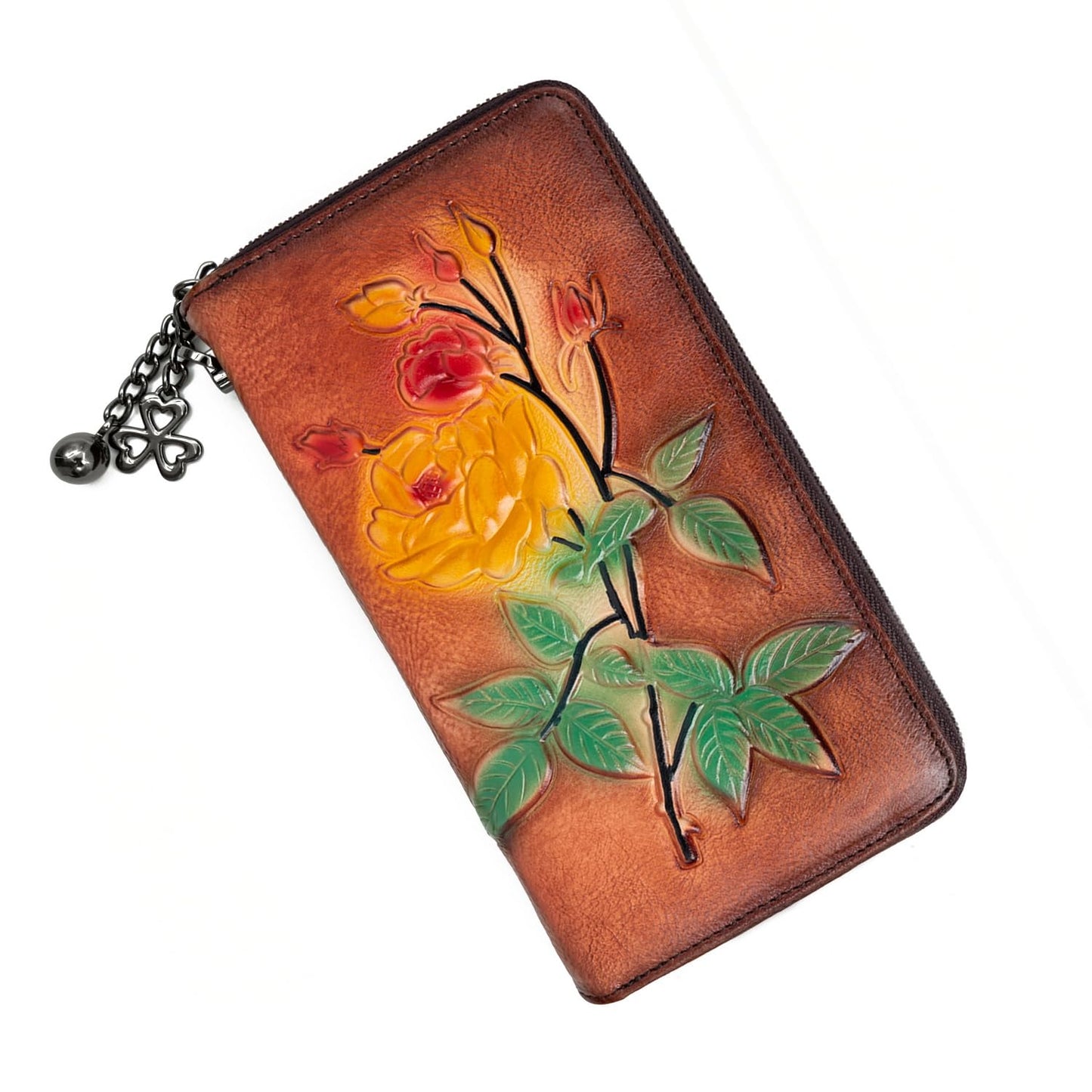 HOTWallet Genuine Leather for Women - with RFID Blocking Card checkbook ID Slot Large Capacity Vintage style (flower brown)