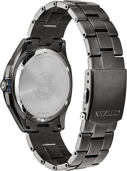 HOTCitizen Men's Eco-Drive Weekender 3-Hand Date Watch in Black IP Stainless Steel, Blue Dial (Model: AW1147-52L)